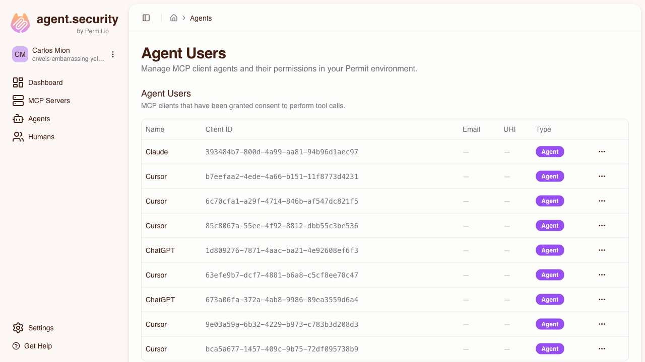 Agent Users page — list of registered MCP client agents