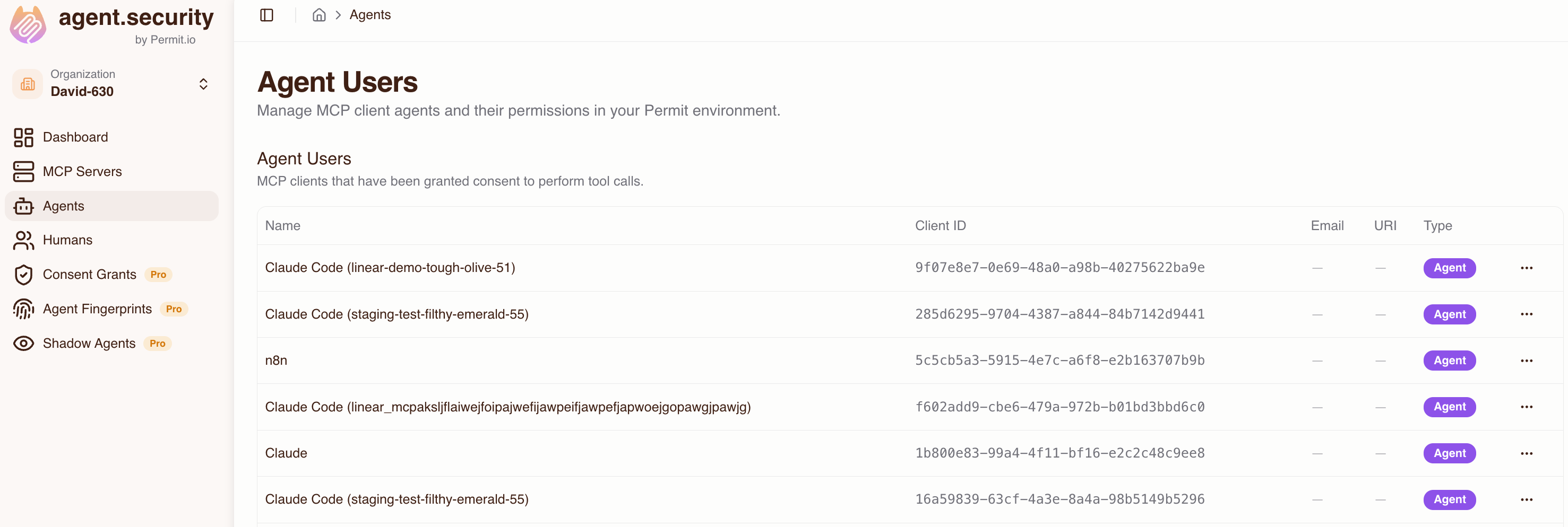 Agent Security dashboard showing trust level controls